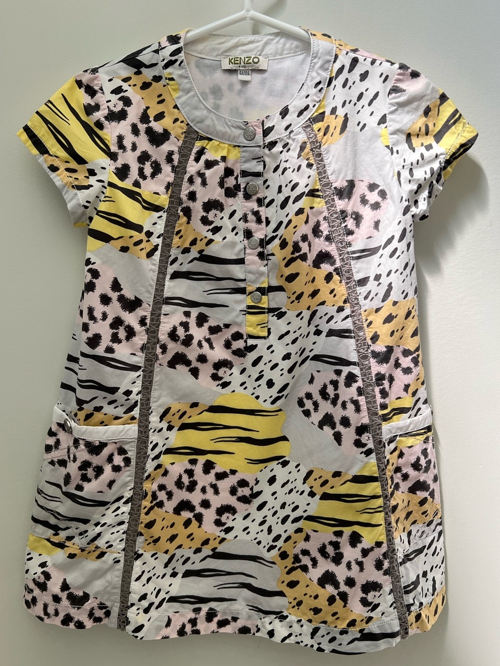 Kenzo Short-Sleeve Animal Print Dress in Yellow, Pink & Black 100% Cotton